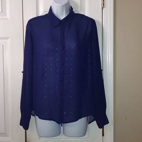 Forever 21 deep purple sheer long sleeve blouse with embellishments  Sz M - Picture 1 of 4